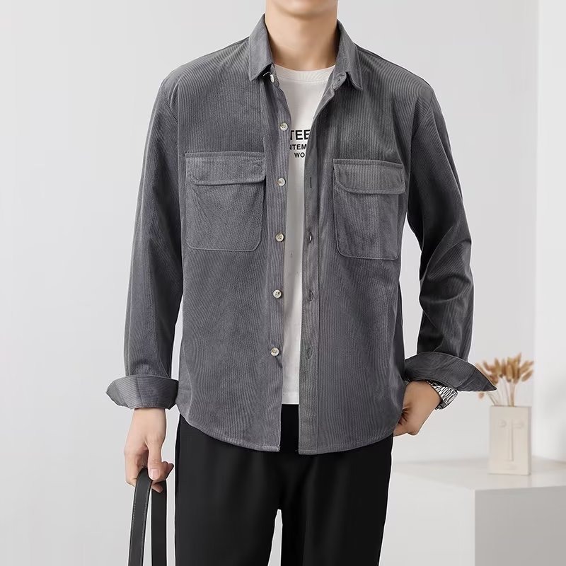 Men’s Corduroy Shirt – Button-Down – Chest Flap Pockets – Long Sleeve – Casual Fit