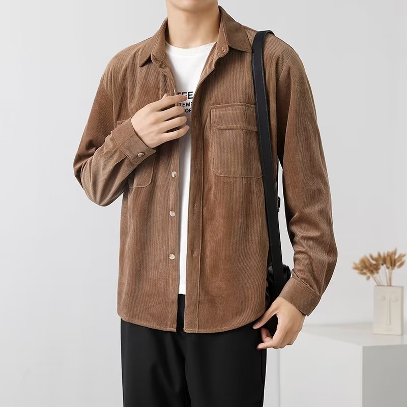 Men’s Corduroy Shirt – Button-Down – Chest Flap Pockets – Long Sleeve – Casual Fit