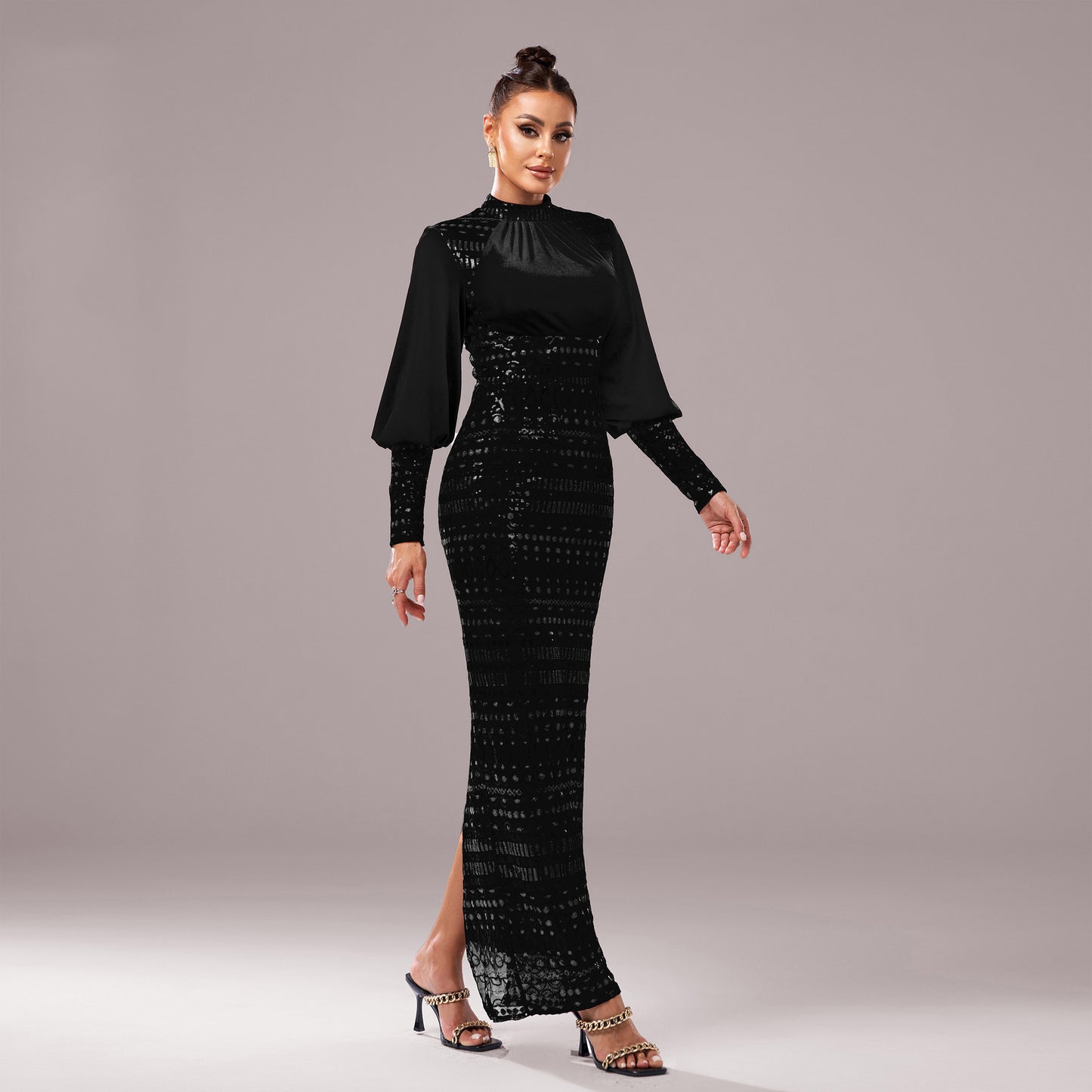 Women’s Evening Gown - Long Sleeve - High Neck - Floor Length - Fitted Formal Dress