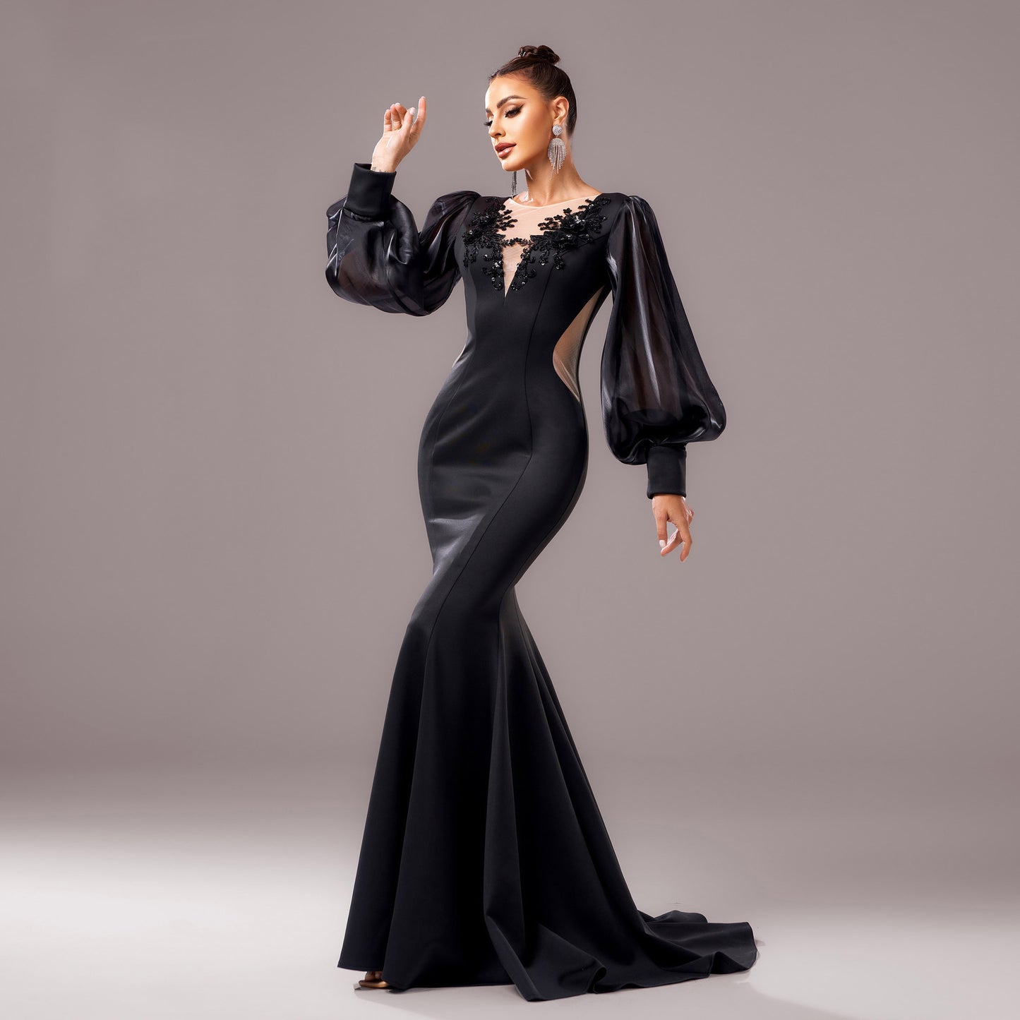 Women’s Evening Gown - Mermaid Fit - Puff Sleeve - Sheer Neckline - Floral Applique
