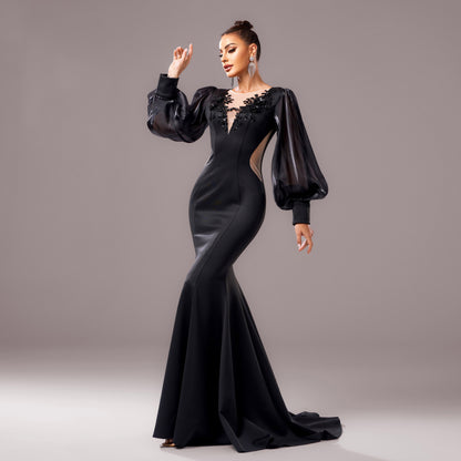 Women’s Evening Gown - Mermaid Fit - Puff Sleeve - Sheer Neckline - Floral Applique