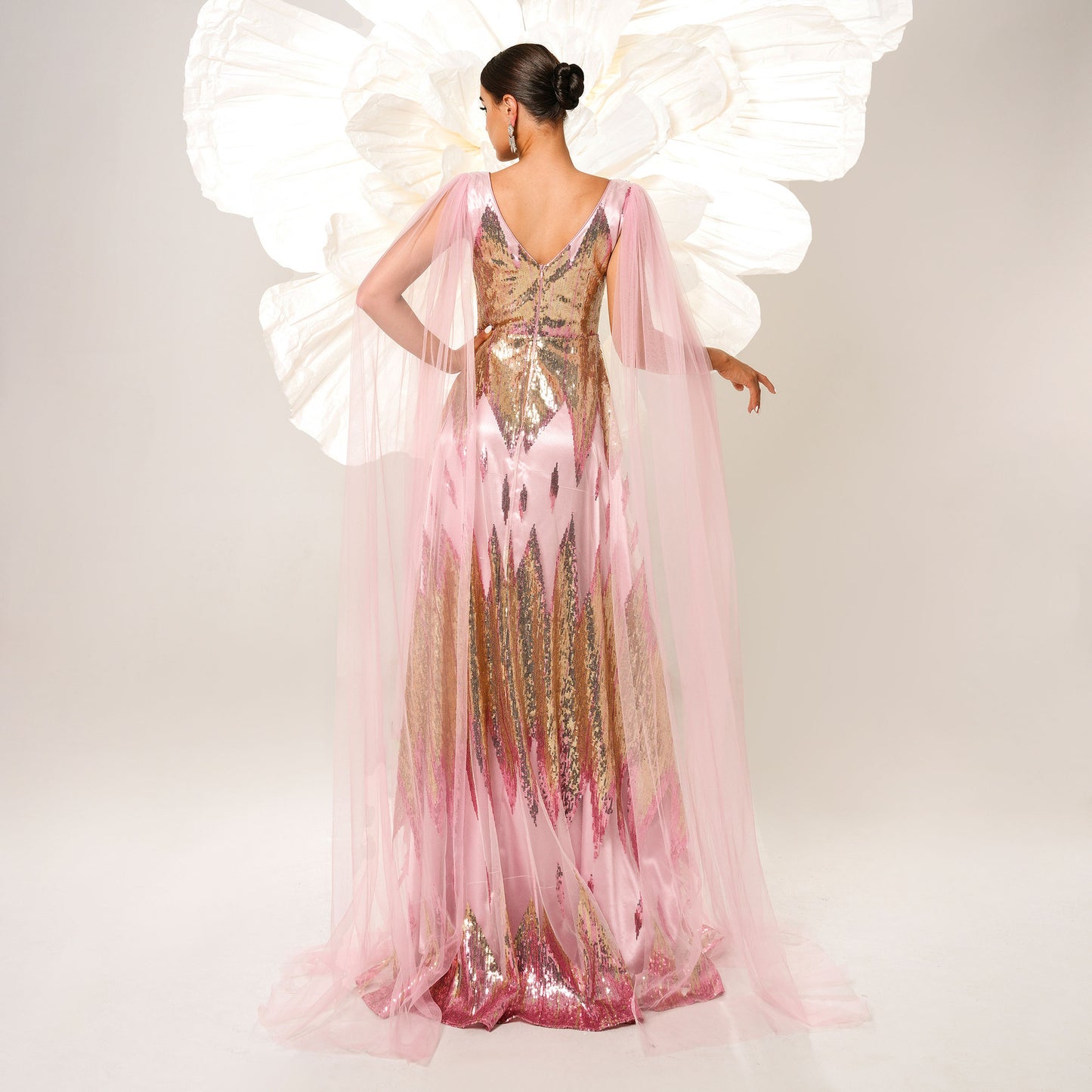 Women’s Evening Gown – Sequin Embellished – Deep V-Neck – Sheer Tulle Cape – Full Length