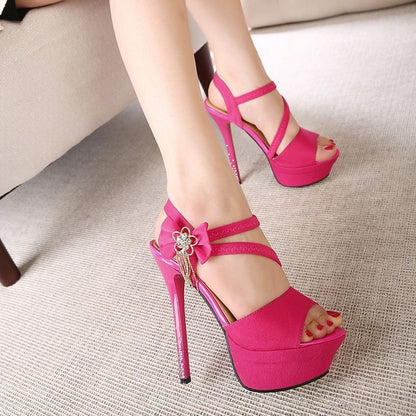 Women’s High Heel Sandals - Platform Sole - Stiletto Heel - Strappy Open Toe - Rhinestone Trim