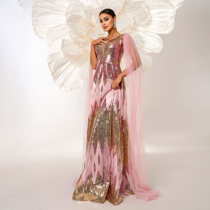 Women’s Evening Gown – Sequin Embellished – Deep V-Neck – Sheer Tulle Cape – Full Length