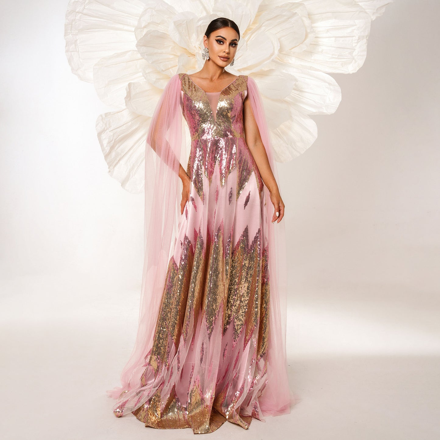 Women’s Evening Gown – Sequin Embellished – Deep V-Neck – Sheer Tulle Cape – Full Length