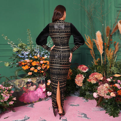 Women’s Evening Gown - Long Sleeve - High Neck - Floor Length - Fitted Formal Dress