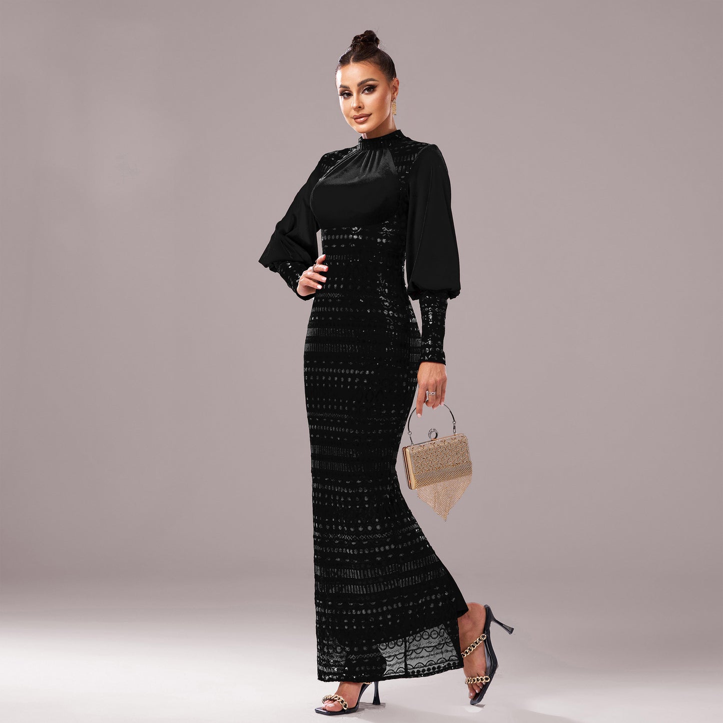 Women’s Evening Gown - Long Sleeve - High Neck - Floor Length - Fitted Formal Dress