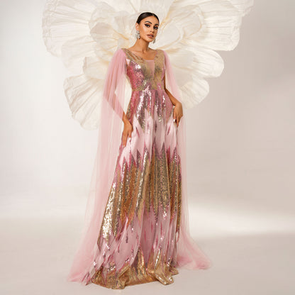 Women’s Evening Gown – Sequin Embellished – Deep V-Neck – Sheer Tulle Cape – Full Length