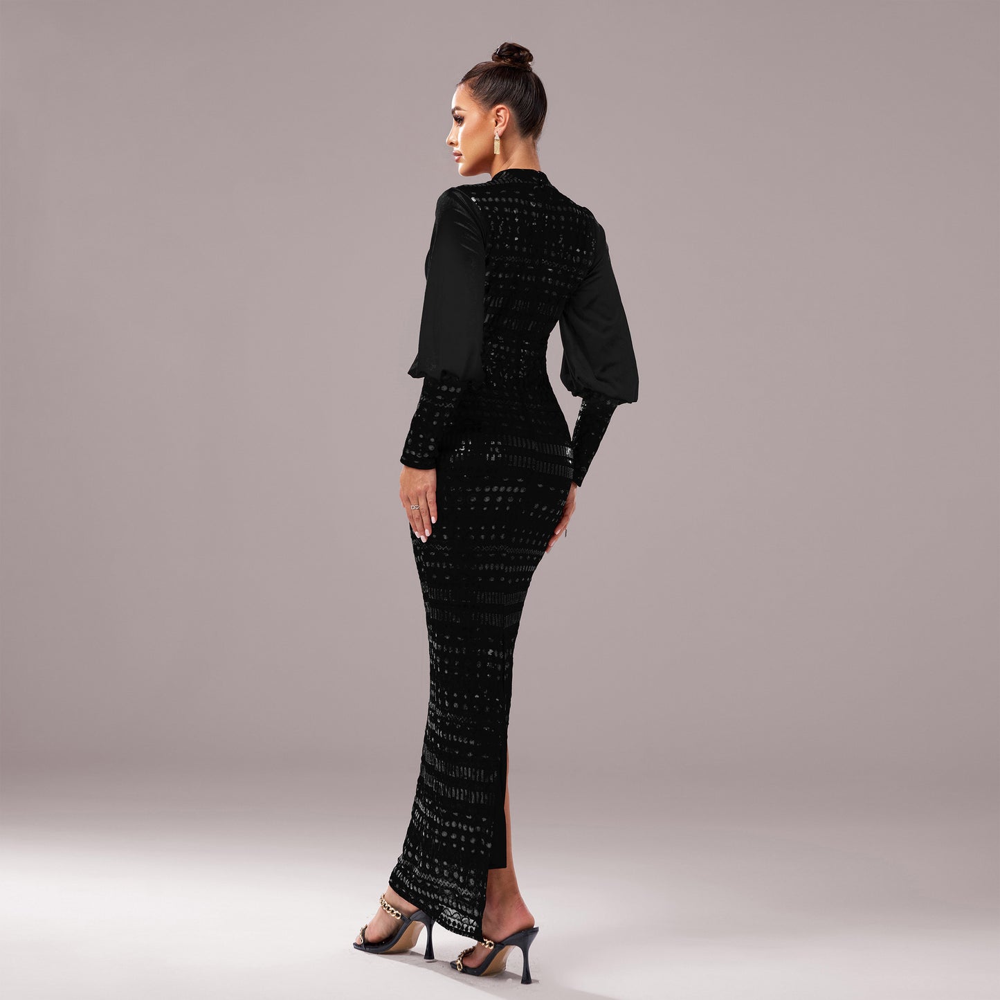 Women’s Evening Gown - Long Sleeve - High Neck - Floor Length - Fitted Formal Dress
