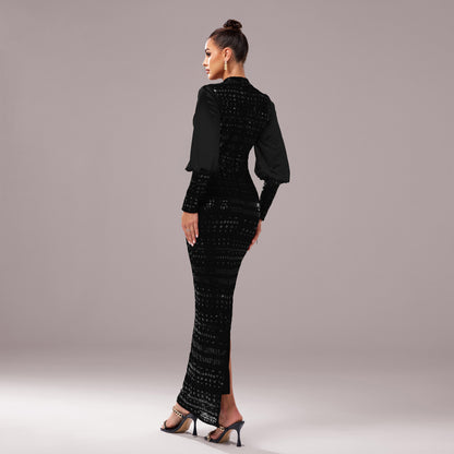Women’s Evening Gown - Long Sleeve - High Neck - Floor Length - Fitted Formal Dress