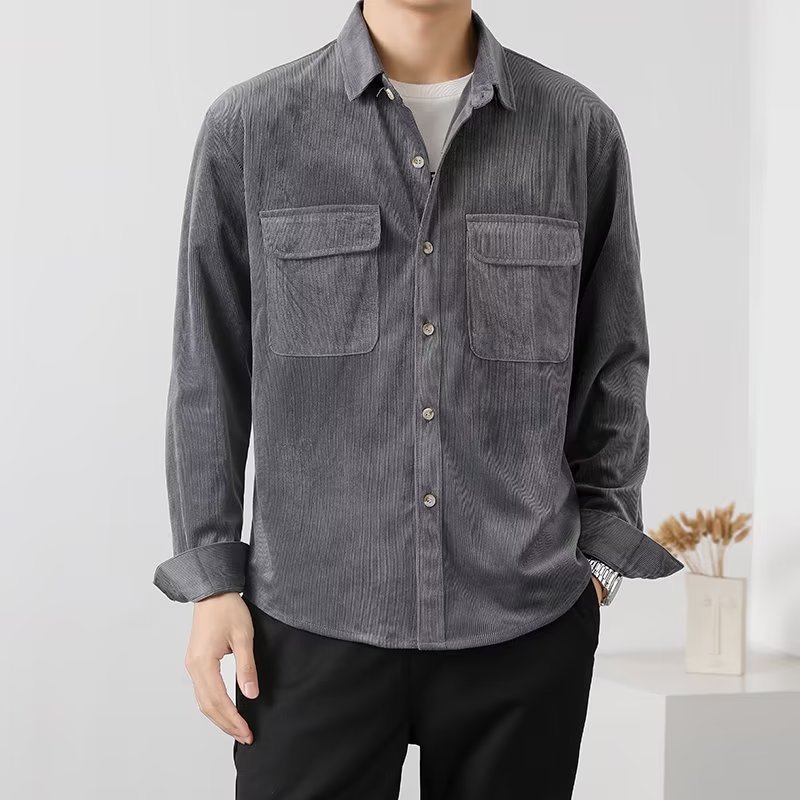 Men’s Corduroy Shirt – Button-Down – Chest Flap Pockets – Long Sleeve – Casual Fit