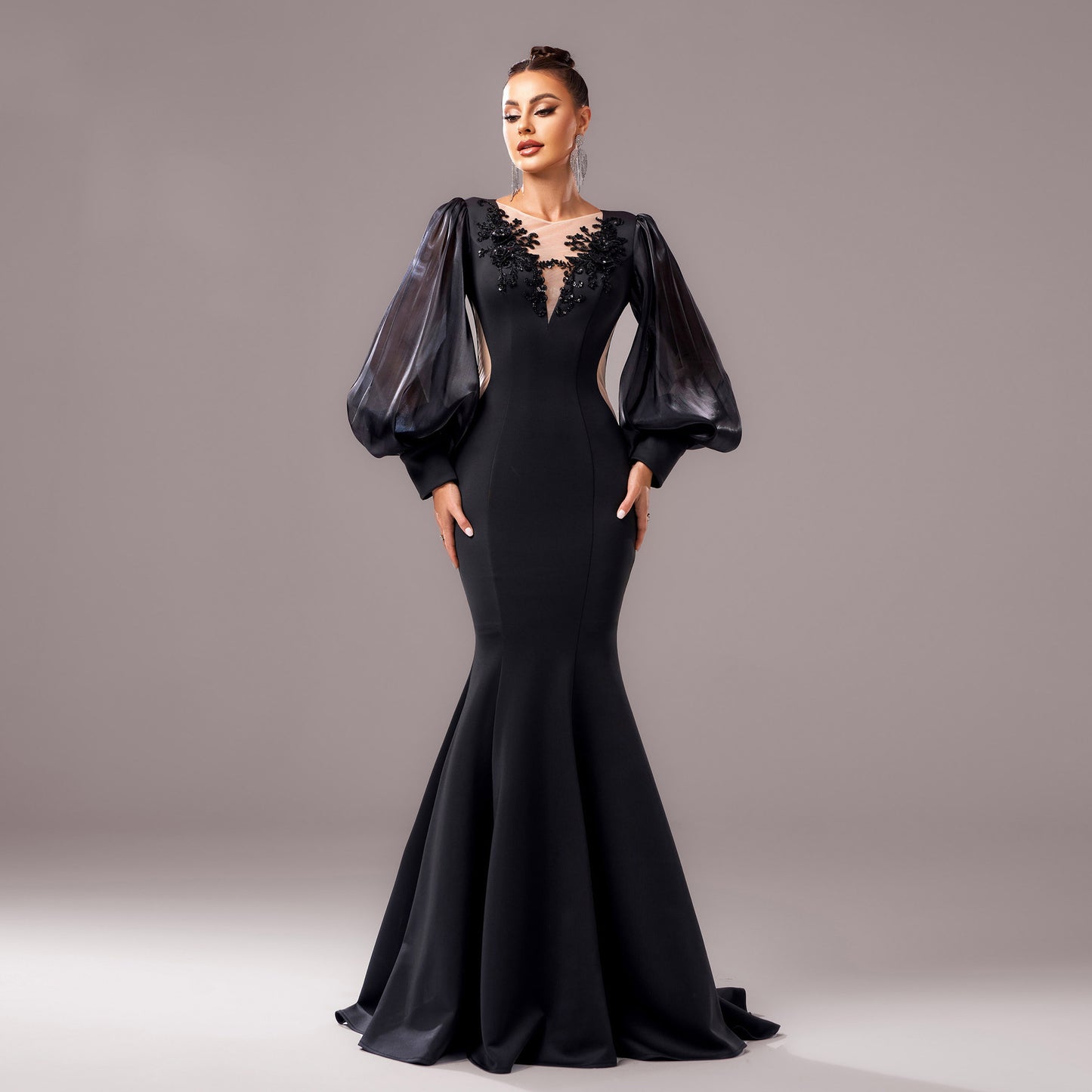 Women’s Evening Gown - Mermaid Fit - Puff Sleeve - Sheer Neckline - Floral Applique