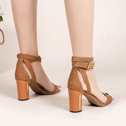 Women’s High Heel Sandals - Block Heel - Open Toe - Ankle Strap with Buckle Closure