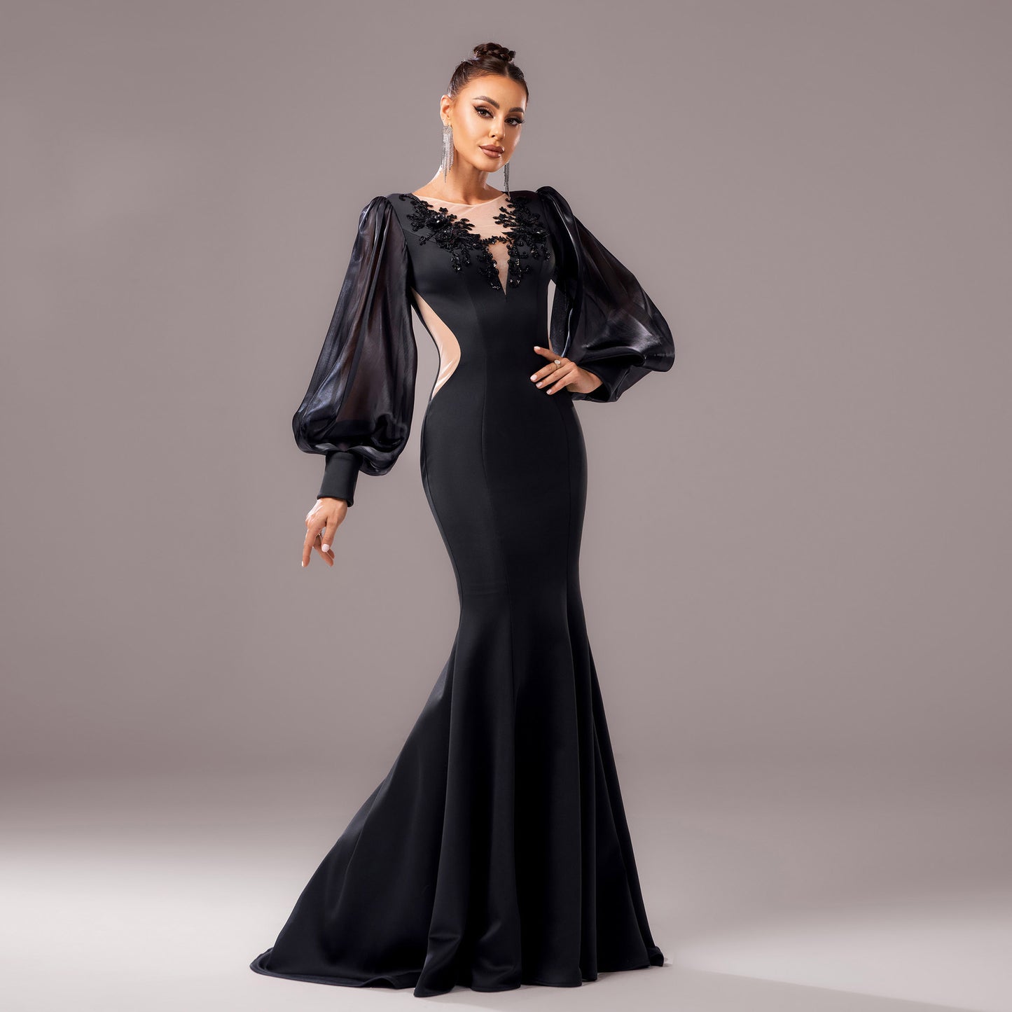 Women’s Evening Gown - Mermaid Fit - Puff Sleeve - Sheer Neckline - Floral Applique