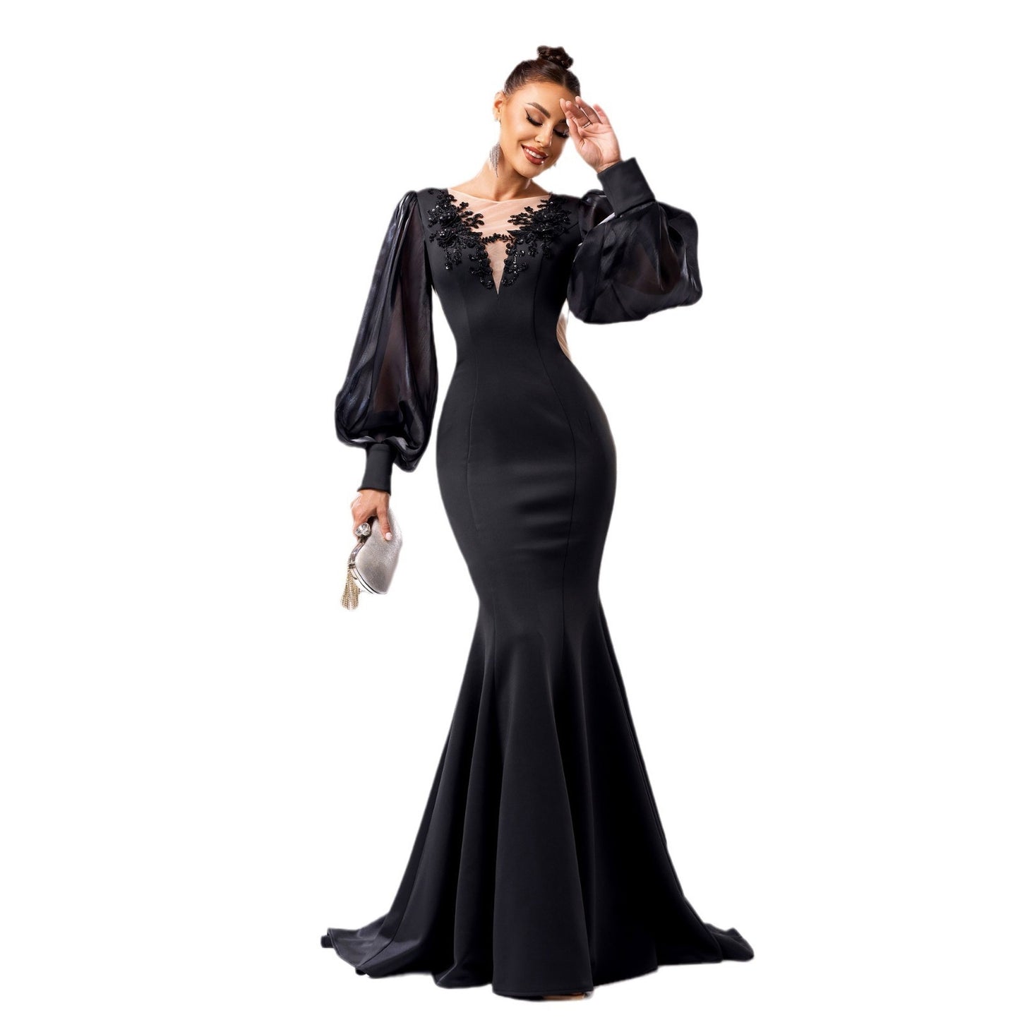 Women’s Evening Gown - Mermaid Fit - Puff Sleeve - Sheer Neckline - Floral Applique