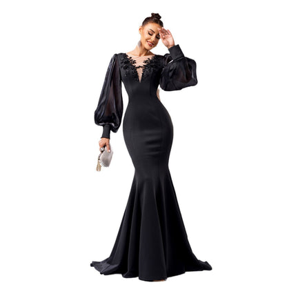 Women’s Evening Gown - Mermaid Fit - Puff Sleeve - Sheer Neckline - Floral Applique