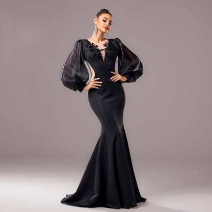 Women’s Evening Gown - Mermaid Fit - Puff Sleeve - Sheer Neckline - Floral Applique