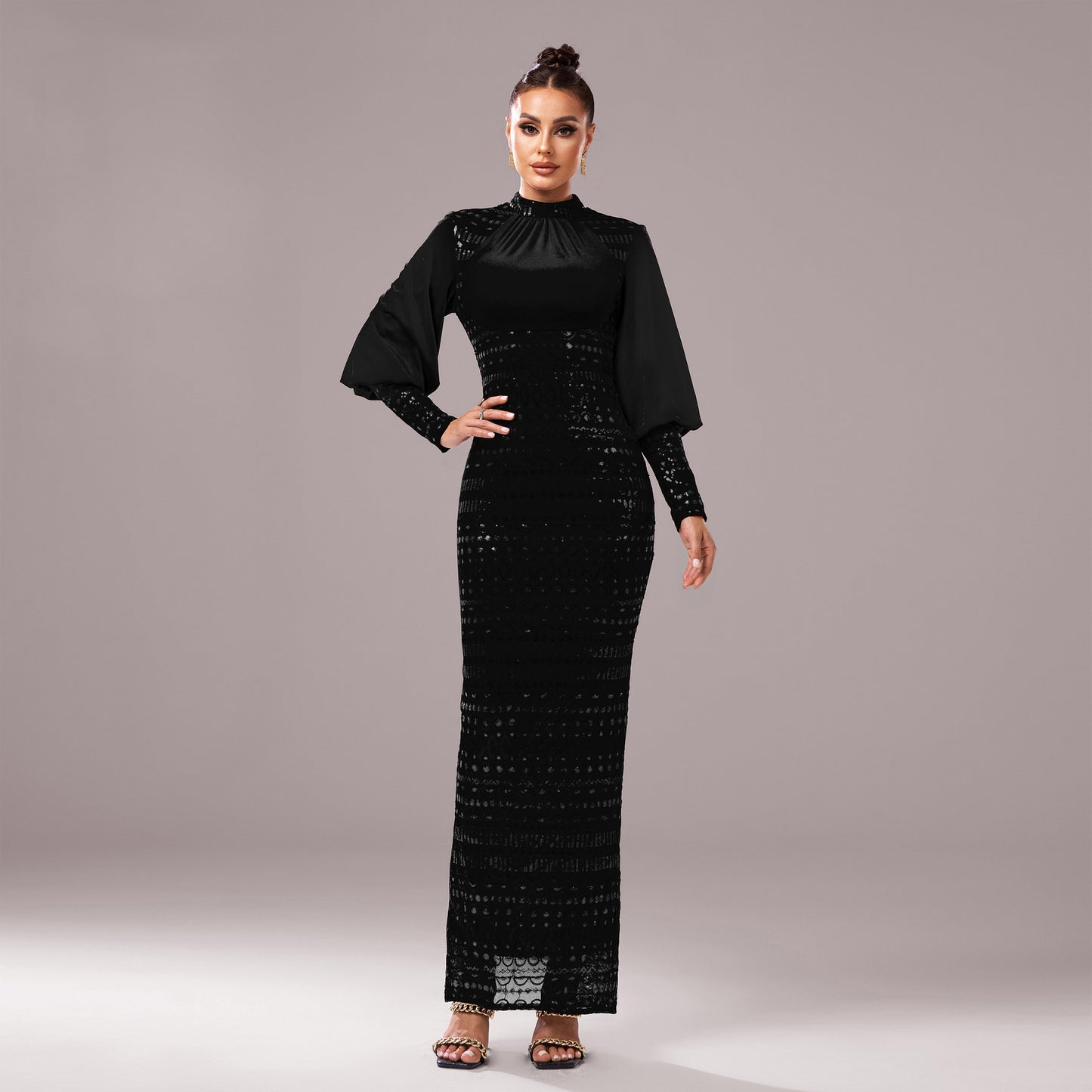 Women’s Evening Gown - Long Sleeve - High Neck - Floor Length - Fitted Formal Dress