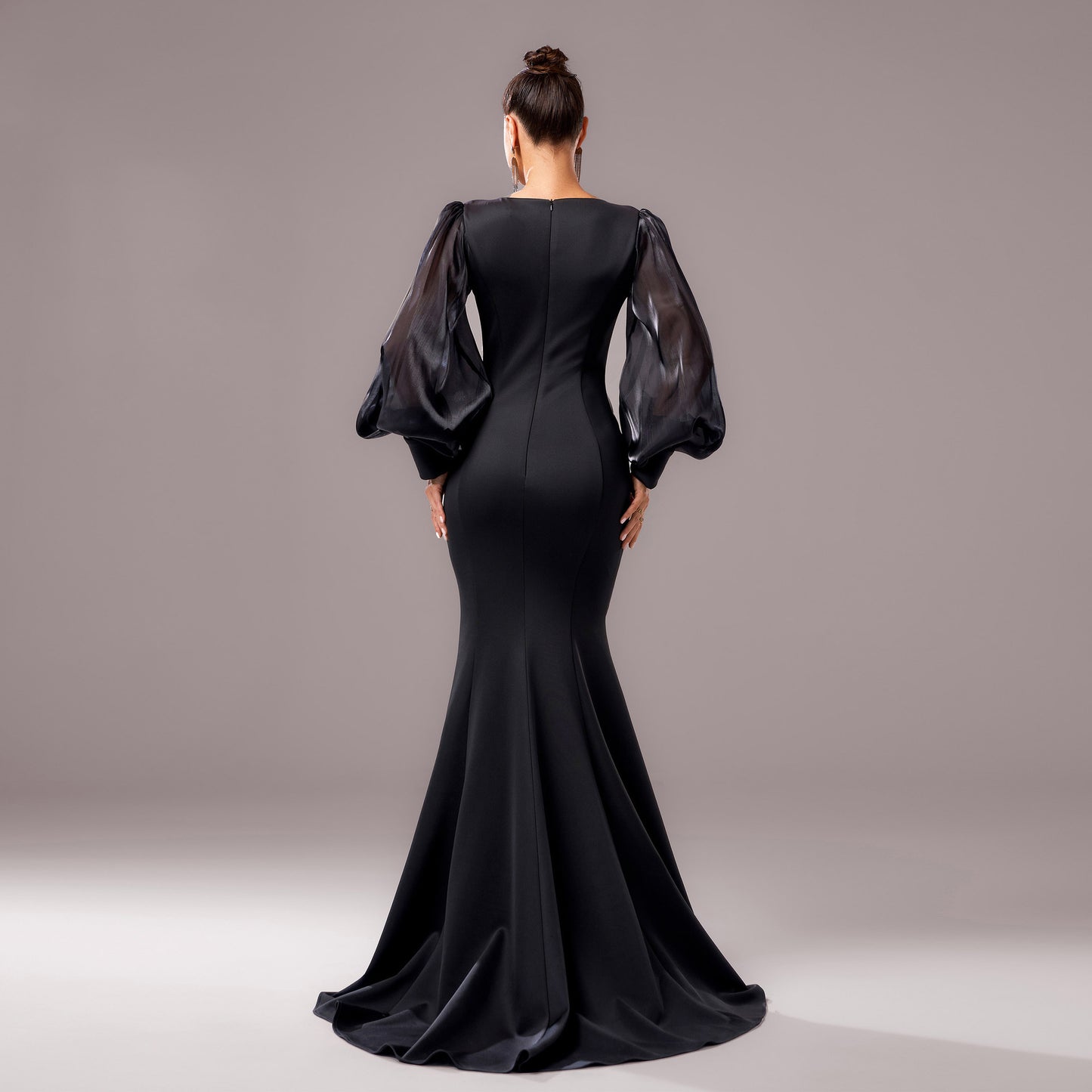 Women’s Evening Gown - Mermaid Fit - Puff Sleeve - Sheer Neckline - Floral Applique