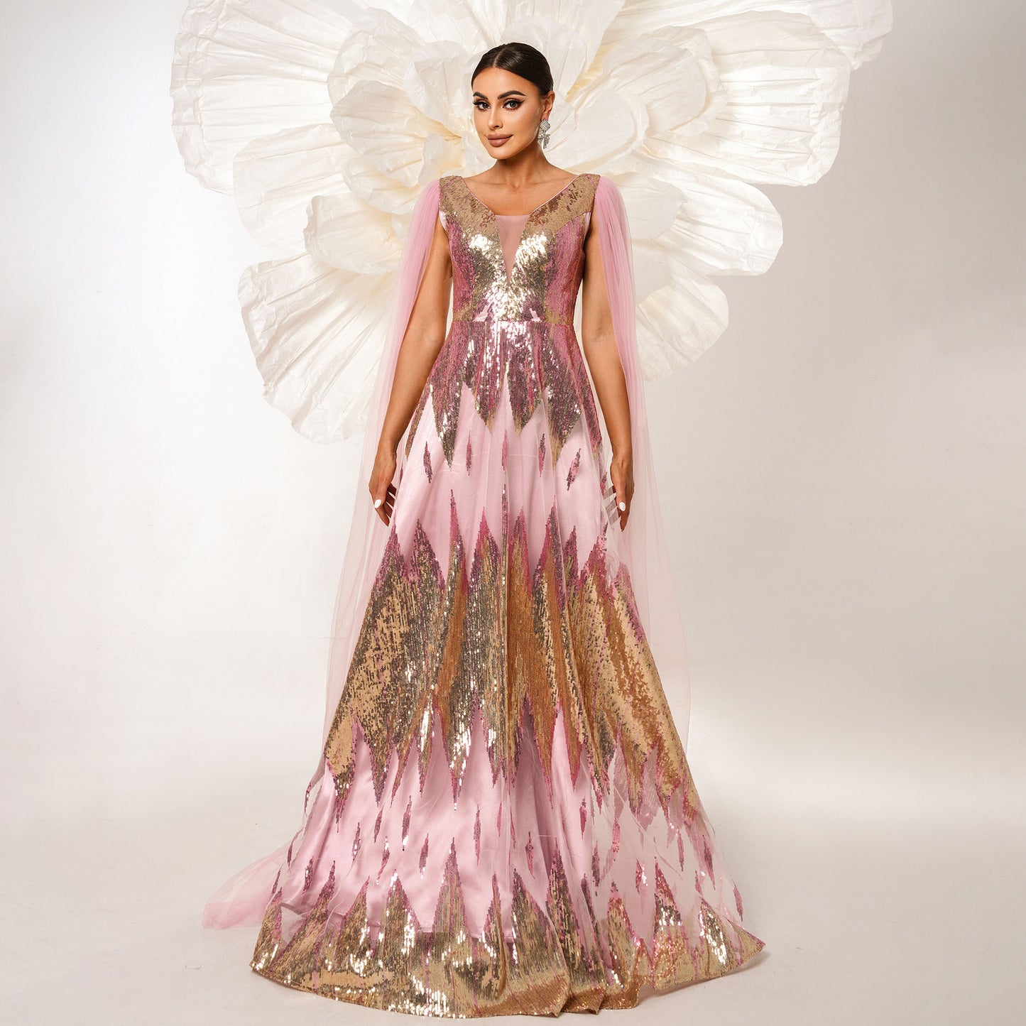Women’s Evening Gown – Sequin Embellished – Deep V-Neck – Sheer Tulle Cape – Full Length