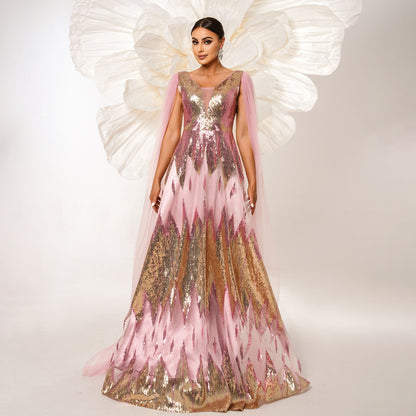 Women’s Evening Gown – Sequin Embellished – Deep V-Neck – Sheer Tulle Cape – Full Length