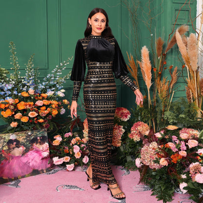 Women’s Evening Gown - Long Sleeve - High Neck - Floor Length - Fitted Formal Dress