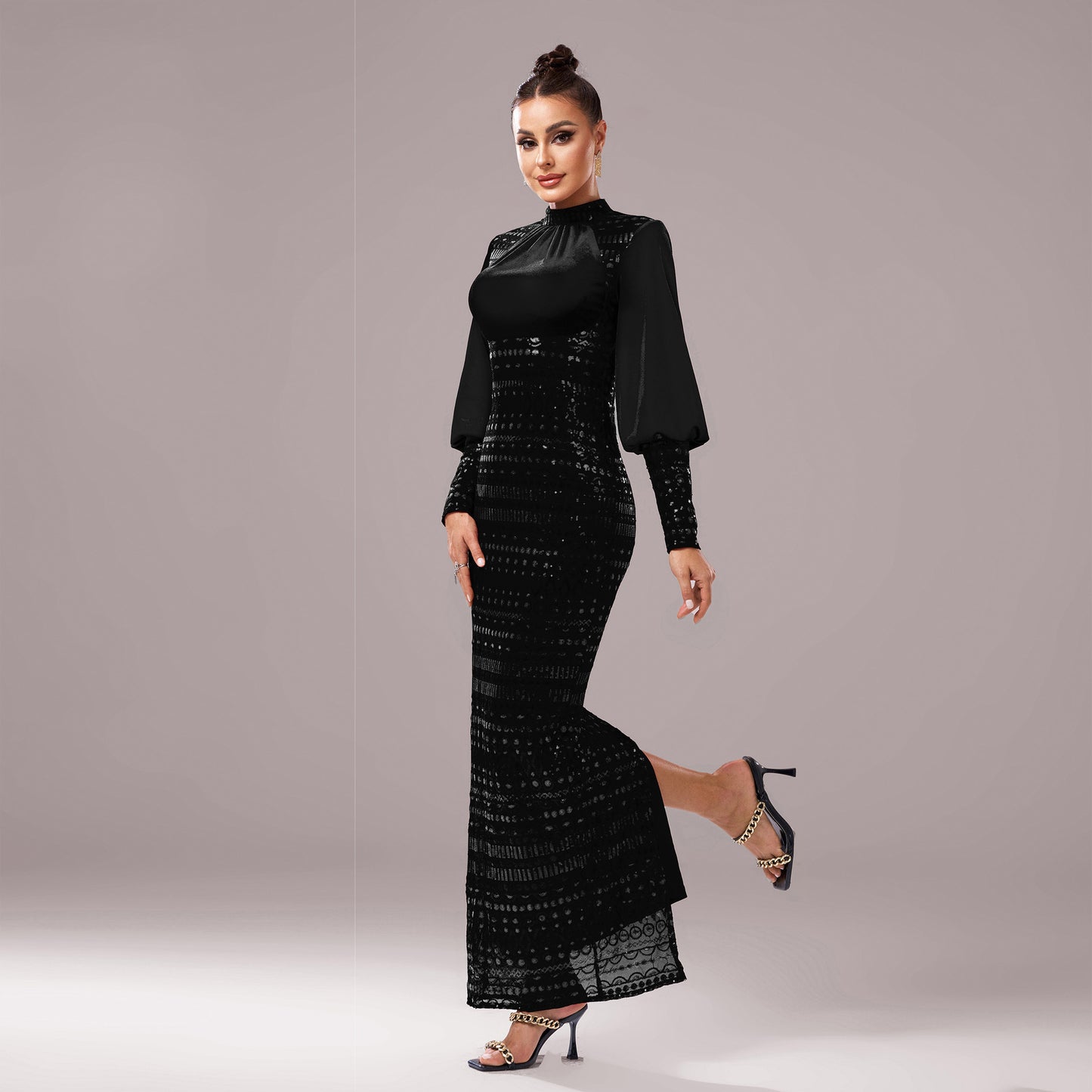 Women’s Evening Gown - Long Sleeve - High Neck - Floor Length - Fitted Formal Dress