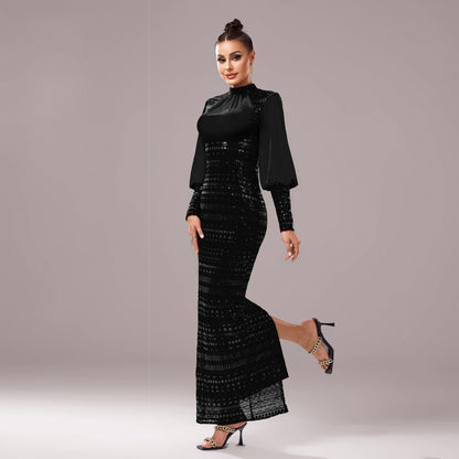 Women’s Evening Gown - Long Sleeve - High Neck - Floor Length - Fitted Formal Dress